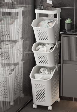 iBright Wassorteerder – Smalle Wasmand met 3 vakken - Op wieltjes - Staande wasbox - 3 Lagen - Wit — thumbnail 2