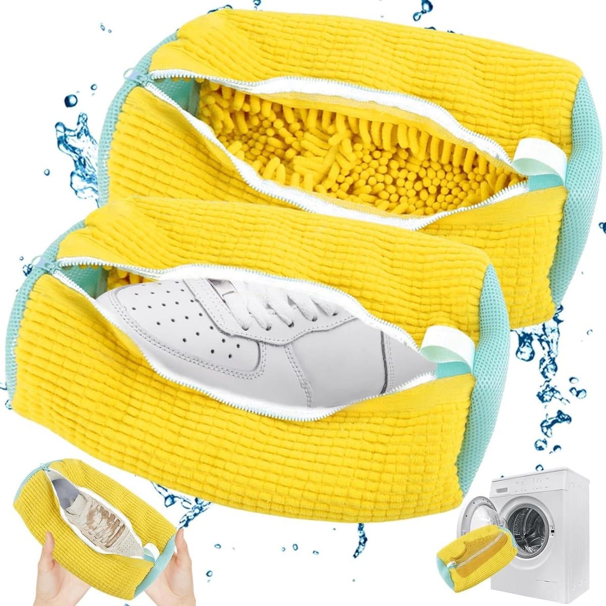 Schoenwaszak wasmachine - multi-bescherming - dikke waszak - verhoogde wrijving - 360 graden rondom reiniging - anti-wikkel - geel - 39 x 19 cm — afbeelding 1