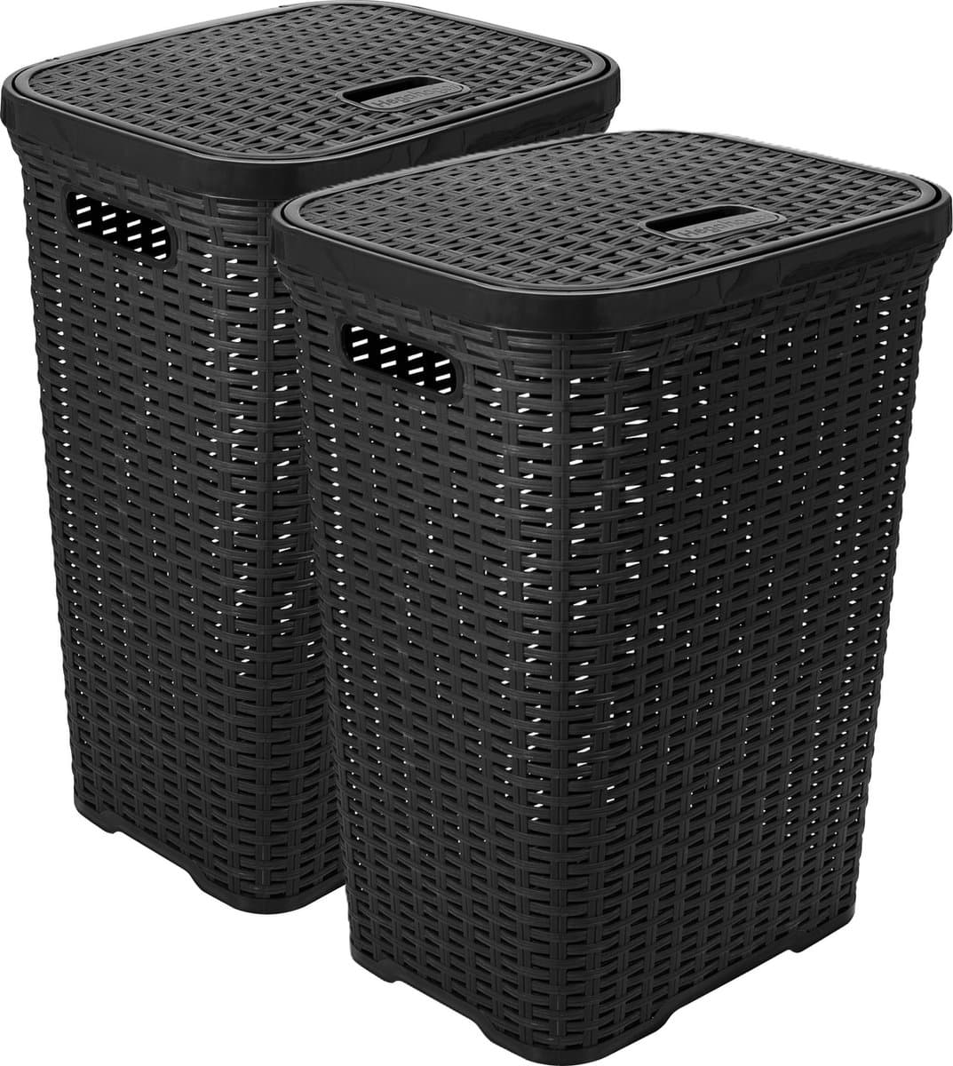 Hega Hogar Wasmand met deksel Rotan - 2x - antraciet - gevlochten kunststof - 60 liter - 34 x 43 x 62 cm — afbeelding 1