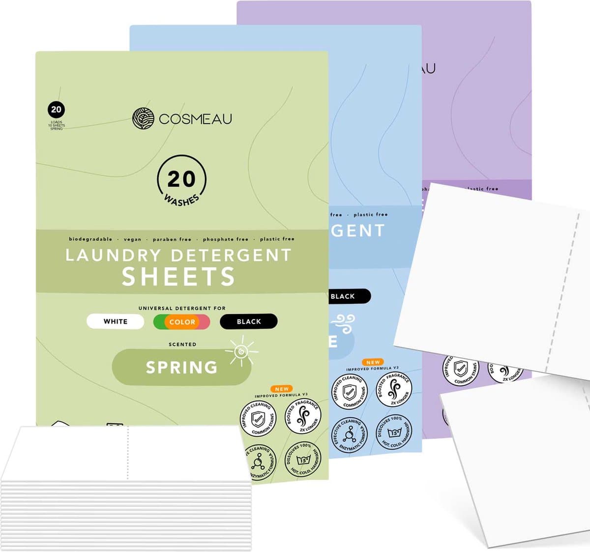 Cosmeau Proefpakket 3x20 Wasmiddeldoekjes - Wasstrips - 60 Wasbeurten - Lentefris Lavendel Zeebries - Wasvellen - Wasmiddel - Detergent Sheets - Wasdoekjes — afbeelding 1