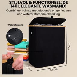 Oneiro's Luxe Wasmand PRO 140 L Zwart - opvouwbaar - L38 x B57 x H67 cm - wasmand met 2 vakken - wasmanden - wassorteerder — thumbnail 2