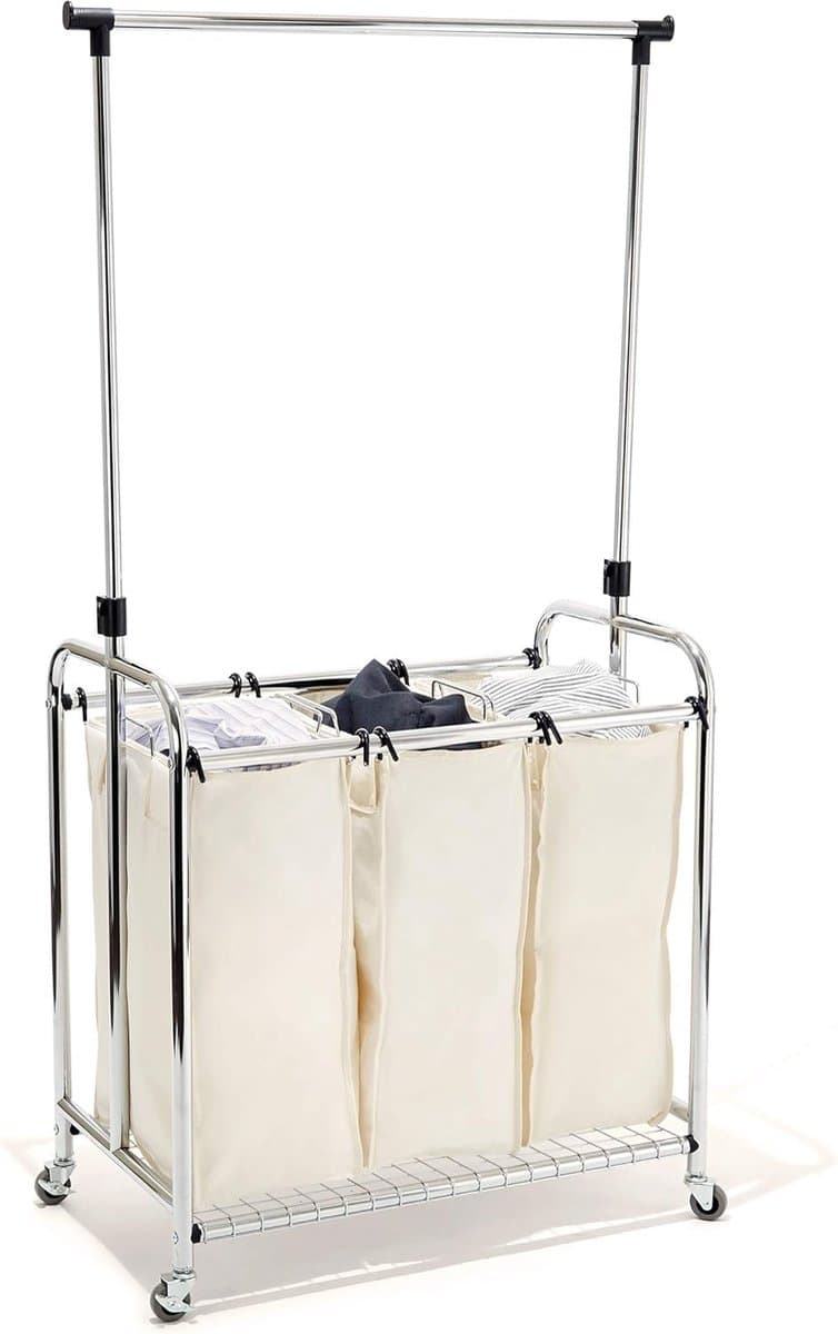Goodivery ® 3 waszakken en in hoogte verstelbare kledingstang, wasverzamelaar, metaal, zilver, 78 x 45,7 x 99 cm — afbeelding 1