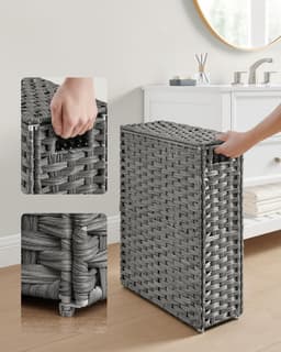 SONGMICS smalle wasmand, wasmand 55 L, wasbox van synthetisch rotan, met deksel en handgrepen, gevlochten, opvouwbaar, afneembare waszak, wasruimte duifgrijs LCB164G01 — thumbnail 3
