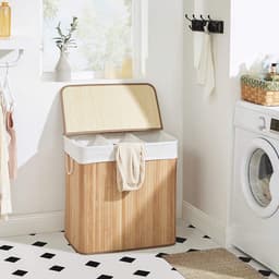 Hoppa! Wasmand, 150L, wasbox met deksel, wassorteermachine, van bamboe, met handvatten, 3 compartimenten, opvouwbaar, katoen, waszak machinewasbaar, wasruimte, Natuurlijk — thumbnail 2