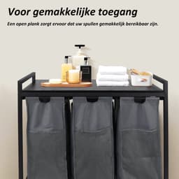 CALIYO Wasmand 3 Vakken - Wassorteerder - Uitschuifbaar - Eenvoudige Montage - 84 x 33 x 75 cm - 117L Capaciteit - 3 Zakken - Bruin Hout - Zwart Metaal - Wasmanden - Wasbox — thumbnail 5