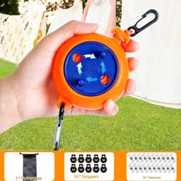 Intrekbare Waslijn - Verstelbare kampeerwaslijn - Draagbare reiswaslijn - Elastische waslijn - Voor buiten/binnen, kamperen, achtertuin, hotel - Met 20 winddichte wasknijpers, 10 stoppers - Oranje, donkerblauw - 32ft/10m — thumbnail 2