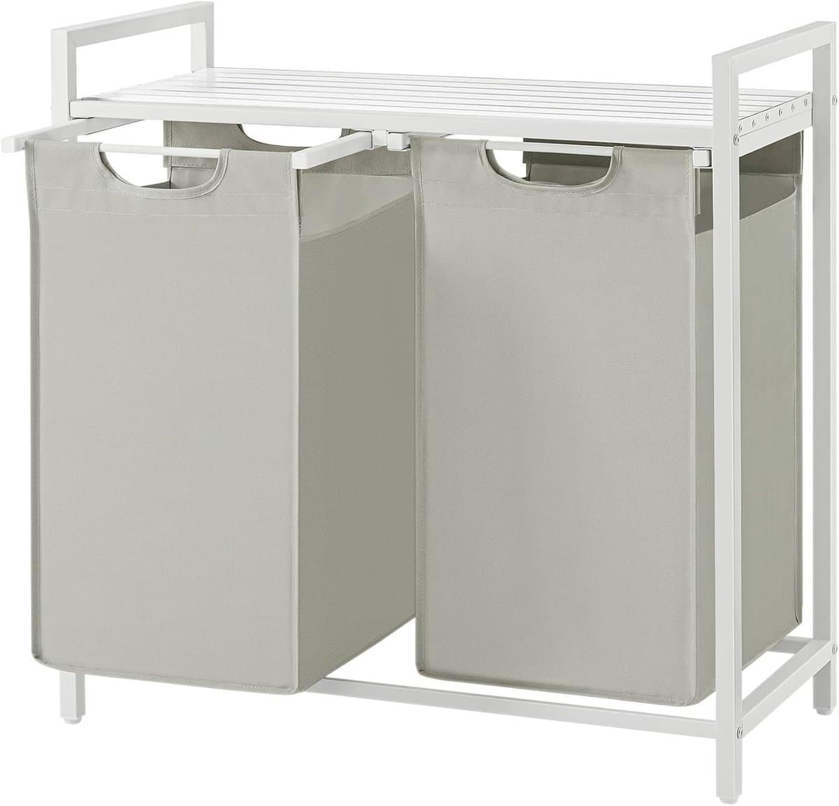 Wasmand 2 vakken met plank en waszak van oxford stof - 2 x 46 L 73 x 33 x 72 cm wit BLH201W01 — afbeelding 1