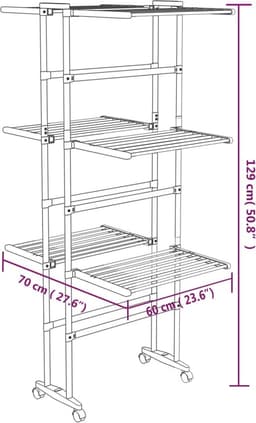 vidaXL - Droogrek - 3-laags - met - wieltjes - 60x70x129 - cm - zilverkleurig — thumbnail 3