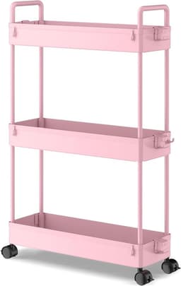 3-Tier Slide-out Slim Rolling Utility Cart Mobiele Opslag Rekken Organizer voor Keuken Badkamer Wasruimte Slaapkamer - Roze Plastic Wasmachine rek — thumbnail 1