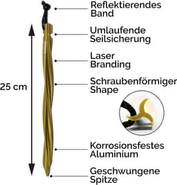 25-cm grote haringen voor tenten met unieke stabiliteit - verpakking van 6 of 8 stuks met tas en reflecterend koord - camping grondankers - aluminium goud — thumbnail 5