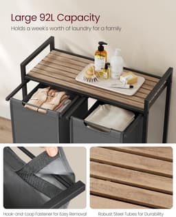 FurnStar - Wasmand - Wasmand met 2 compartimenten - Uittrekbare en verwijderbare waszakken - Wassorteerder - Plank - Metalen frame - 2 x 46L - 73 x 33 x 72 cm - Rustiek bruin en grijs — thumbnail 3