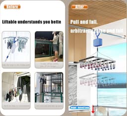 Hebbare sokken-droger, wasrek, hangend sokkendroger met 30 clips, zwart metalen kleerhanger, in hoogte verstelbaar, winddicht droogrek voor ondergoed, babykleding, sokken — thumbnail 4
