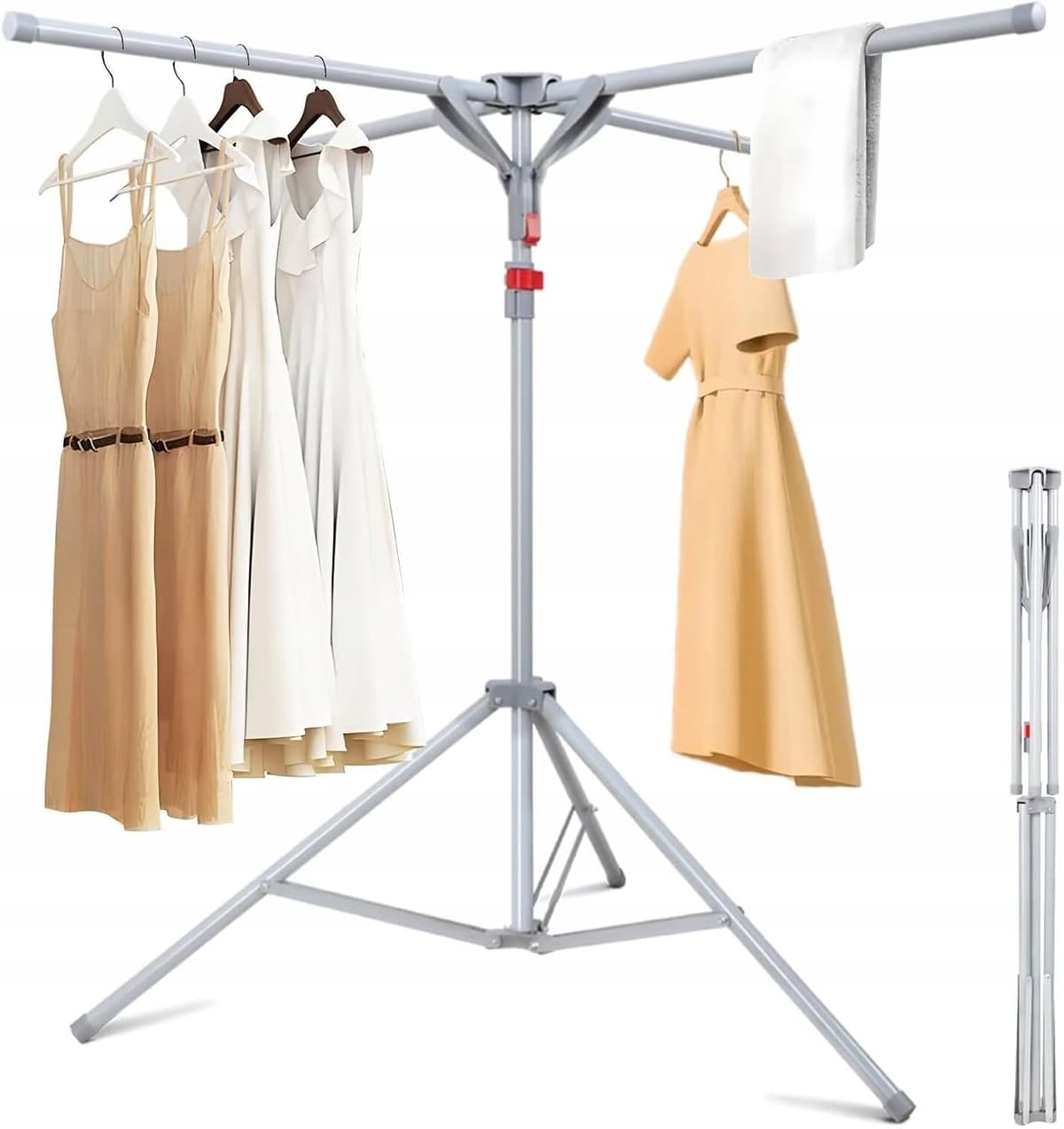 Opvouwbaar Kledingrek - Inklapbaar Droogrek - Staand Kleding Wasdroogrek - Driepoot Wasrek - Droogtoren met 4 Armen - Ruimtebesparend - Max. 80 kg - Verstelbaar Hoogte 130-180 cm - Voor Balkon & Terras & Veranda — afbeelding 1