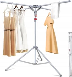 Opvouwbaar Kledingrek - Inklapbaar Droogrek - Staand Kleding Wasdroogrek - Driepoot Wasrek - Droogtoren met 4 Armen - Ruimtebesparend - Max. 80 kg - Verstelbaar Hoogte 130-180 cm - Voor Balkon & Terras & Veranda — thumbnail 1