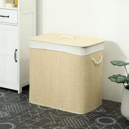 REDOM - Wasmand met deksel - 3 vakken en uitneembare waszak - 144 liter - Bamboe en metalen frame - Crème - 60 x 40 x 60 cm — thumbnail 1