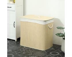 REDOM - Wasmand met deksel - 3 vakken en uitneembare waszak - 144 liter - Bamboe en metalen frame - Crème - 60 x 40 x 60 cm