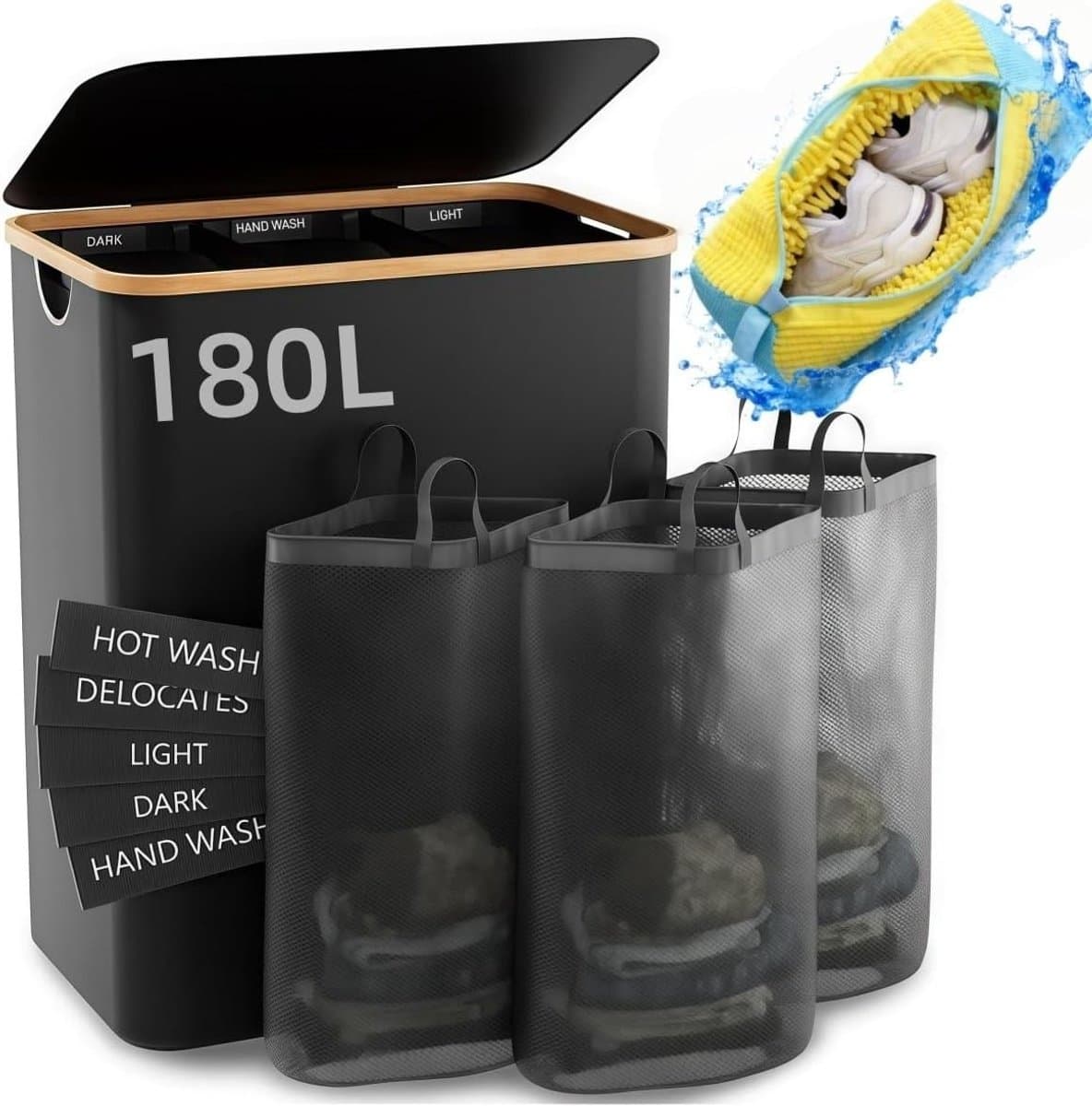 Wasmand met 3 Vakken - Grijs - 180 Liter - Opvouwbare Wasmand met Deksel en Schoenenwaszak - Voor Eenvoudige Organisatie van Wasgoed — afbeelding 1