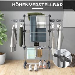 MIVRAY Droogtoren – 3 Niveaus Met Wielen En Inklapbaar – 142 x 55 x 152 cm – Staal – Grijs – Voor Binnen – Verstelbare Zijstangen — thumbnail 3