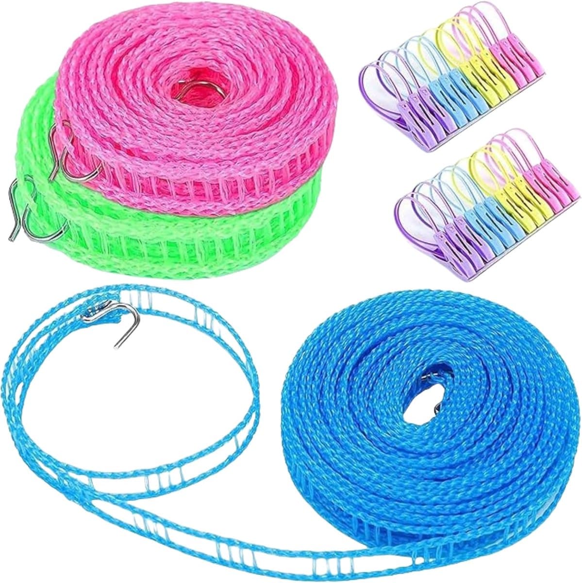 3 stuks waslijn 8 m antislip en winddicht nylon waslijn draagbare waslijn met 2 stuks roestvrijstalen haken hek-achtige touw waslijn voor opknoping kleding buiten (3 kleuren) (blauw) — afbeelding 1