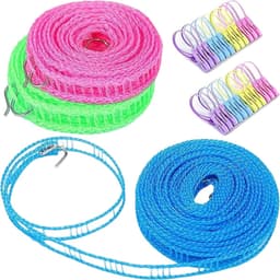 3 stuks waslijn 8 m antislip en winddicht nylon waslijn draagbare waslijn met 2 stuks roestvrijstalen haken hek-achtige touw waslijn voor opknoping kleding buiten (3 kleuren) (blauw) — thumbnail 1