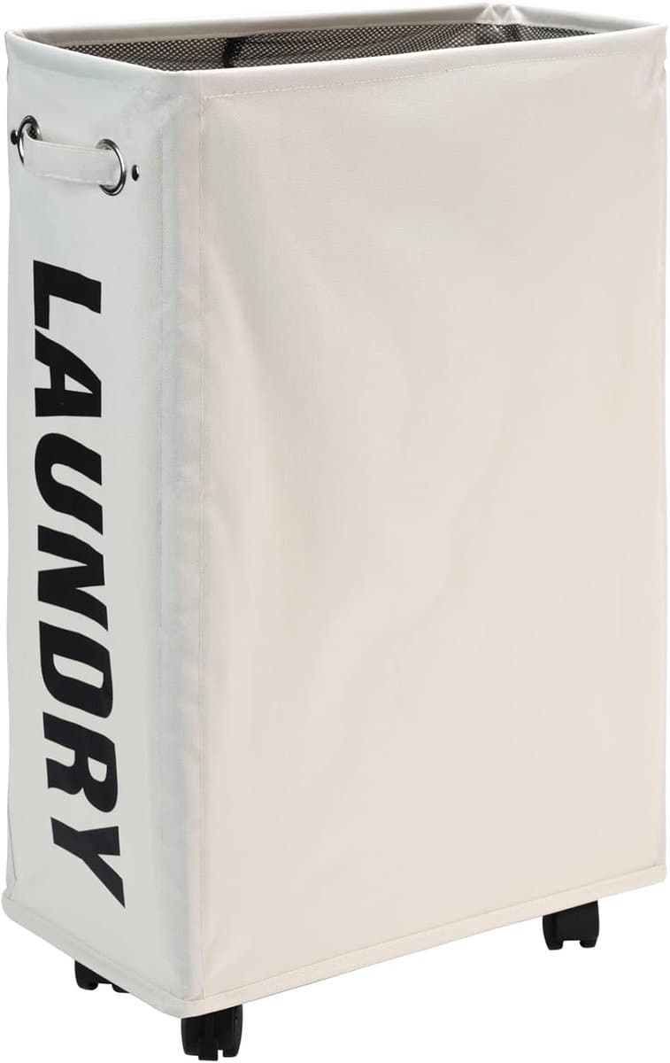 25-Inch Slim Wasmand op Wieltjes, Inklapbare Rollende Wasmand, Opvouwbare Smalle Hoekopbergmand voor Kleding (Beige) | Inklapbare smalle wasmand met mesh trekkoordsluiting. Opvouwbare opbergbak voor kleding in de hoek voor kleine ruimtes — afbeelding 1