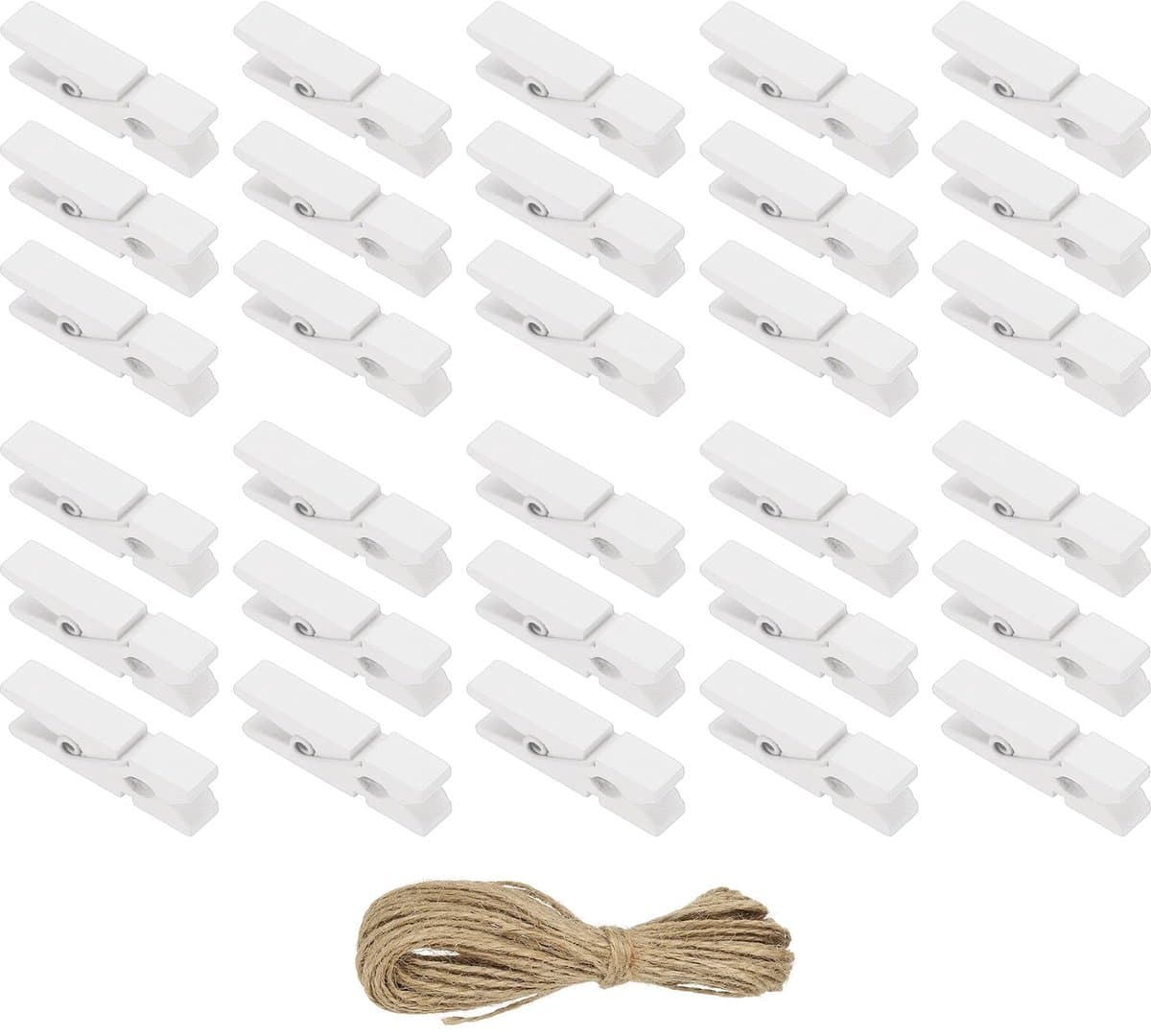 Mini Houten Wäscheklammern 3,5 cm - 50 Stuks in Diverse Kleuren met Jutestreng — afbeelding 1