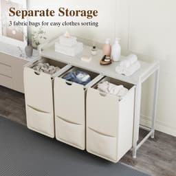 Wasmand 3 Vakken Wit – Wassorteerder met Opbergplank – Metalen Frame met MDF – 92,5x33x72 cm – Uitneembare Zakken – Moderne Wassorteerder voor Badkamer, Slaapkamer en Hal — thumbnail 5
