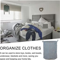 Opvouwbare ronde wasmand voor jongens en meisjes - blauw-wit gestreept - speelgoedmand - kameropbergmand - grote wasmand — thumbnail 5