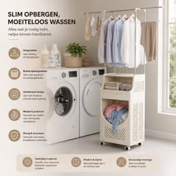 Noventra - Wasmand - met Kledingrek - Wasmand met Rek - Opvouwbare Wasmand - Waswagen met Wielen - Wasgoed Organizer - 3-Laags - Crème — thumbnail 4
