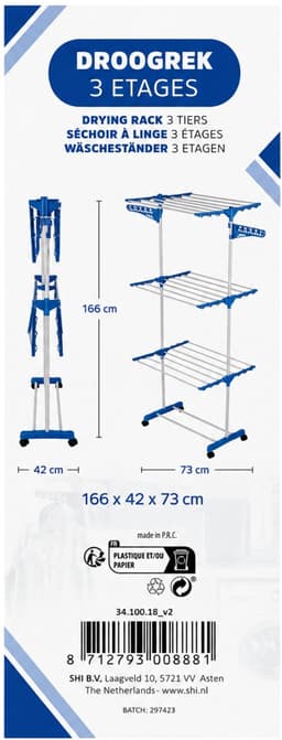 HOMIX Droogrek 3 Etages – Inklapbaar Wasrek met Wielen – 162 x 42 x 73 cm – Blauw/Wit — thumbnail 2