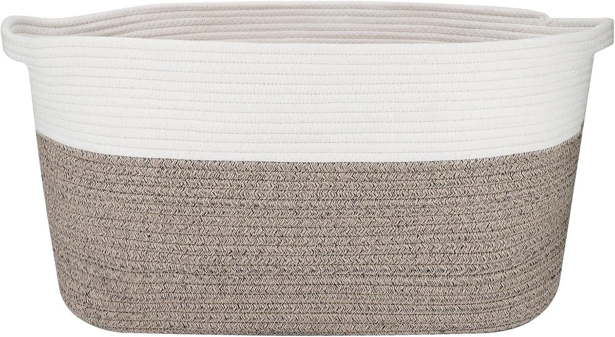 Thijox - Extra grote opbergmand van duurzaam geweven katoenen touw voor wasgoed, woonkamer, slaapkamer, speelgoed, schoenen, handdoeken, wit en kaki, — afbeelding 1