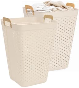 5Five zeer ruime wasmand Kolos - 2x - beige - 74 liter - 44 x 64 cm - kunststof - wasbox - mand voor wasgoed - badkamer - met handvatten — thumbnail 1