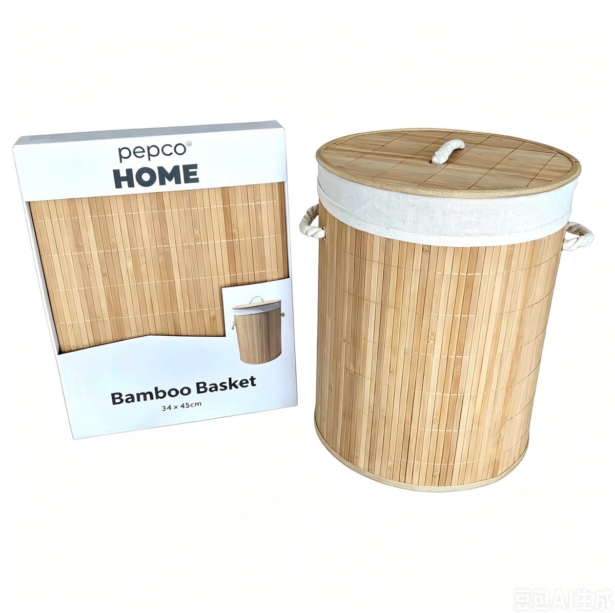 Pepco Bamboe Wasmand met Deksel – 40 Liter – Ronde Wasgoedmand met Uitneembare Waszak en Handgrepen – 34 x 45 cm – Naturel — afbeelding 1