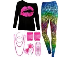 80s dameskostuumset, T-shirt, broek, leggings, oorbellen, halsketting, handschoenen, armband (lange mouwen, luipaard, S)
