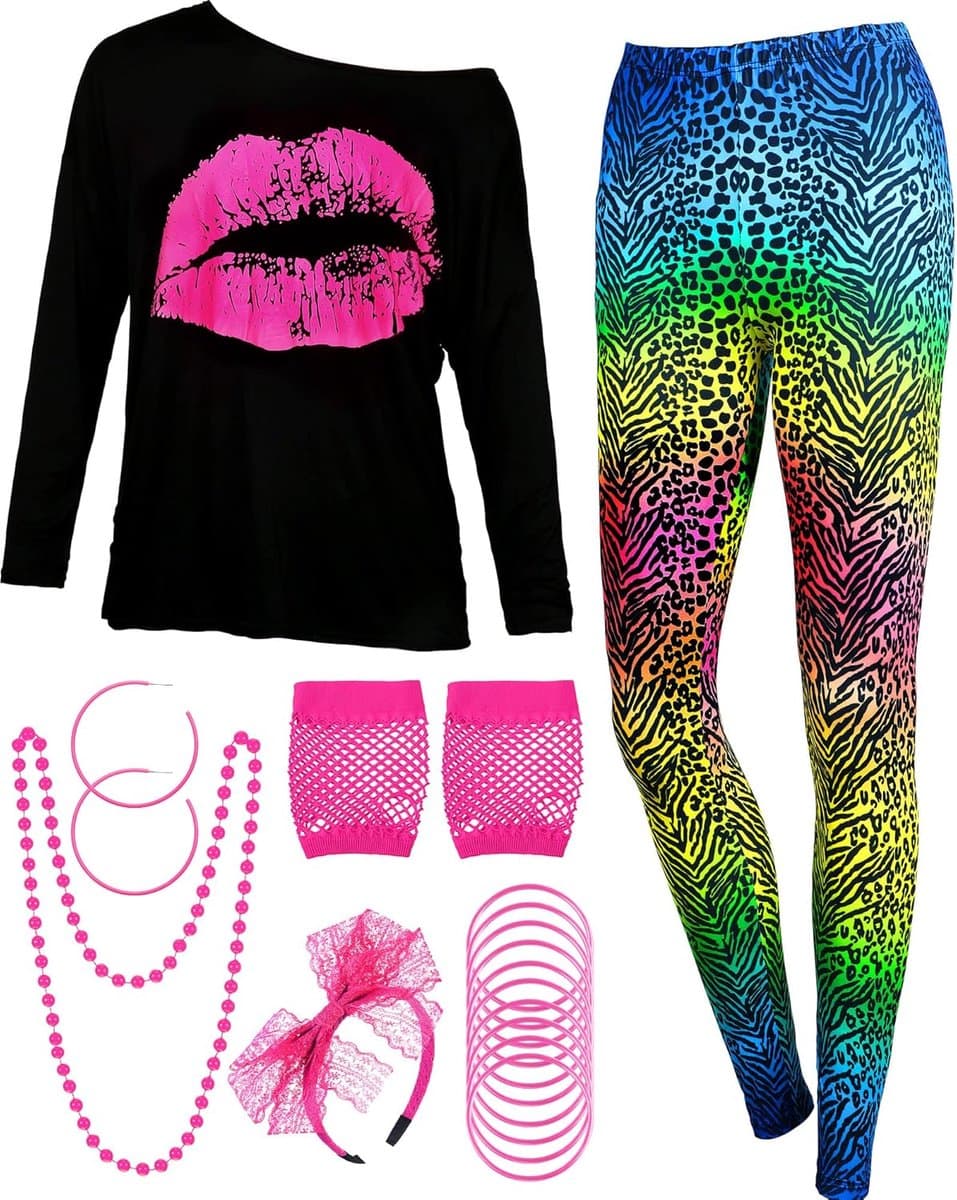 80s dameskostuumset, T-shirt, broek, leggings, oorbellen, halsketting, handschoenen, armband (lange mouwen, luipaard, S) — afbeelding 1
