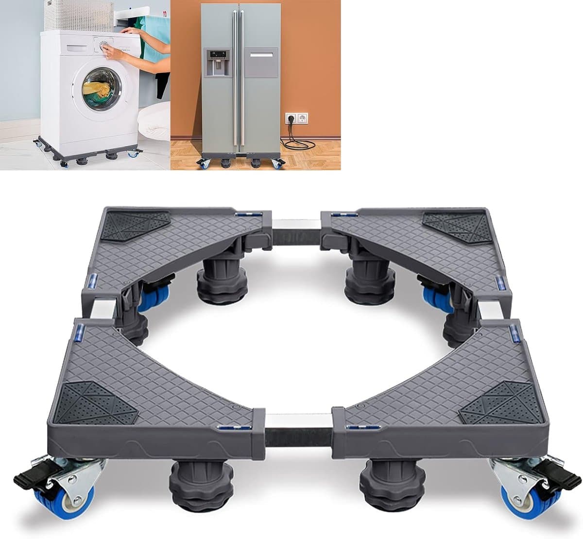 Verstelbare wasmachinesokkel, wasmachine-onderstel, onderkast, beweegbare sokkel voor koelkast, droger en wasmachine, (45 - 75 cm) - 8 voeten en 4 wielen, grijs — afbeelding 1