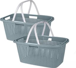 Wasmand met hengsel - 2x stuks - 38 liter - 60 cm - groen/wit - Draagwasmanden - Wasgoedmand - Mand met handvatten — thumbnail 1