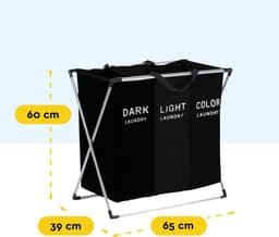 BRASQ Wasmand Opvouwbaar 3 vakken - Wassorteerder 65x39x60 cm - Wasbox Zwart - 118 Liter - Basket — thumbnail 2