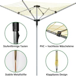 Droogmolen Buiten - Waslijn - Was Drogen - 50 Meter Lijn - 180 cm Hoog - Zilver Grijs — thumbnail 4