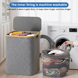 Wasmand met 3 vakken geschikt voor badkamer, slaapkamer en balkon – met deksel, grote inhoud van 160 liter – voor gescheiden opbergen – Grijs — thumbnail 5