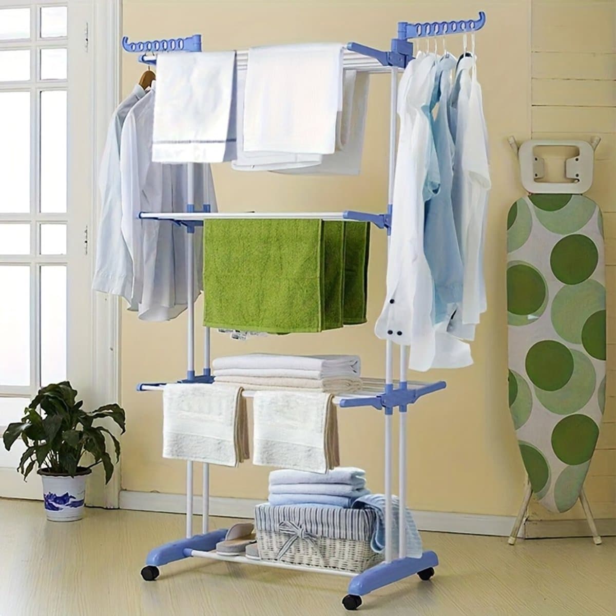 4-laagse Droogkledingrek170x76x50cm , 6 opvouwbare vleugels en 2 draaibare armen, stevig frame, geschikt voor binnen/buiten gebruik, draagbare kledinghanger, voor appartementen, slaapkamers, balkons, Blauw. — afbeelding 1