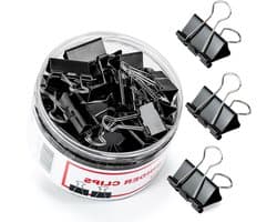 Bindbandclips, 48 stuks medium bindmiddelclips, Kalerr zwarte bindmiddelclips medium, 1,25 inch ringbandclip met container, papieren bindclips kantoorbenodigdheden, papieren klemmen bulk voor kantoor,