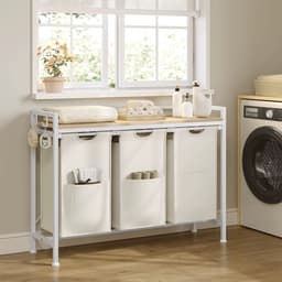 VIEMAE Wasmand - Wasmand 3 vakken - Wasmand met deksel & handgrepen - Wassorteerder - Wasmanden - 96x30x71 cm - 93L - Creme, wit — thumbnail 3
