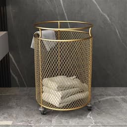 Wasmand met wielen - Rollende mand - Vuile kleding sorteren - Duurzame metalen constructie - Rond formaat - Goud — thumbnail 4