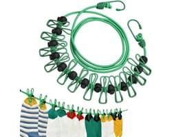 Waslijnen met Clips - Reiswaslijn Touw - Wasgoed Drogen - Winddicht Ontwerp - Tot 3.7 Meter - Groen