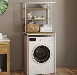 Wasmachine Kast – Opzetrek met Planken en Ophangrail – Wasmachine Rek Metaal & Hout – Wasruimte Opberger – Wasmachine Ombouw – Opbergkast Boven Wasmachine – Wit/Hout — thumbnail 4