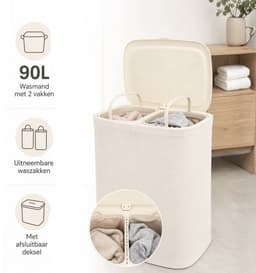 Trendy Meije® Wasmand met Deksel - Licht Beige - 90 Liter - Wassorteerder 2 Vakken - Opvouwbare Wasbox met Uitneembare Waszakken — thumbnail 5
