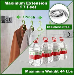 Dailygoods- Waslijn Uittrekbaar 17Ft - Wandmontage - Roestvrij Staal - Ruimtebesparend - Intrekbaar - Premium Materiaal - Drooglijn — thumbnail 2