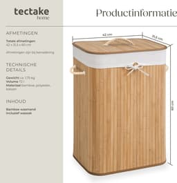 tectake® Robuuste bamboe wasmand - Opvouwbaar met deksel en uitneembare waszak - Verschillende modellen - 72L - Naturel - Rechthoek — thumbnail 5