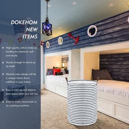 Opvouwbare wasmand met deksel - Blauwe strepen - Groot formaat met leren handvat — thumbnail 3